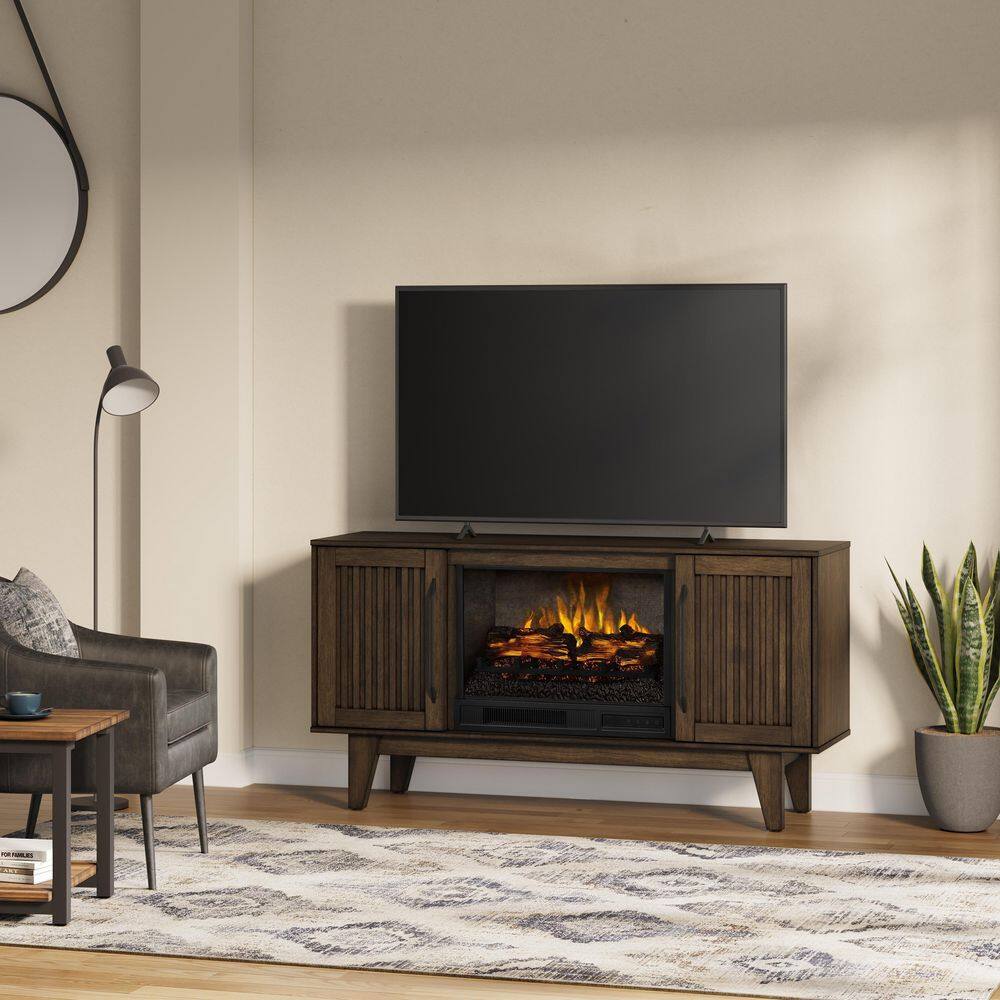 SCOTT LIVING ROSALIE 65 in. Freestanding Media Console Wooden Electric Fireplace in Warm Brown Birch HDSLFP65W-4A