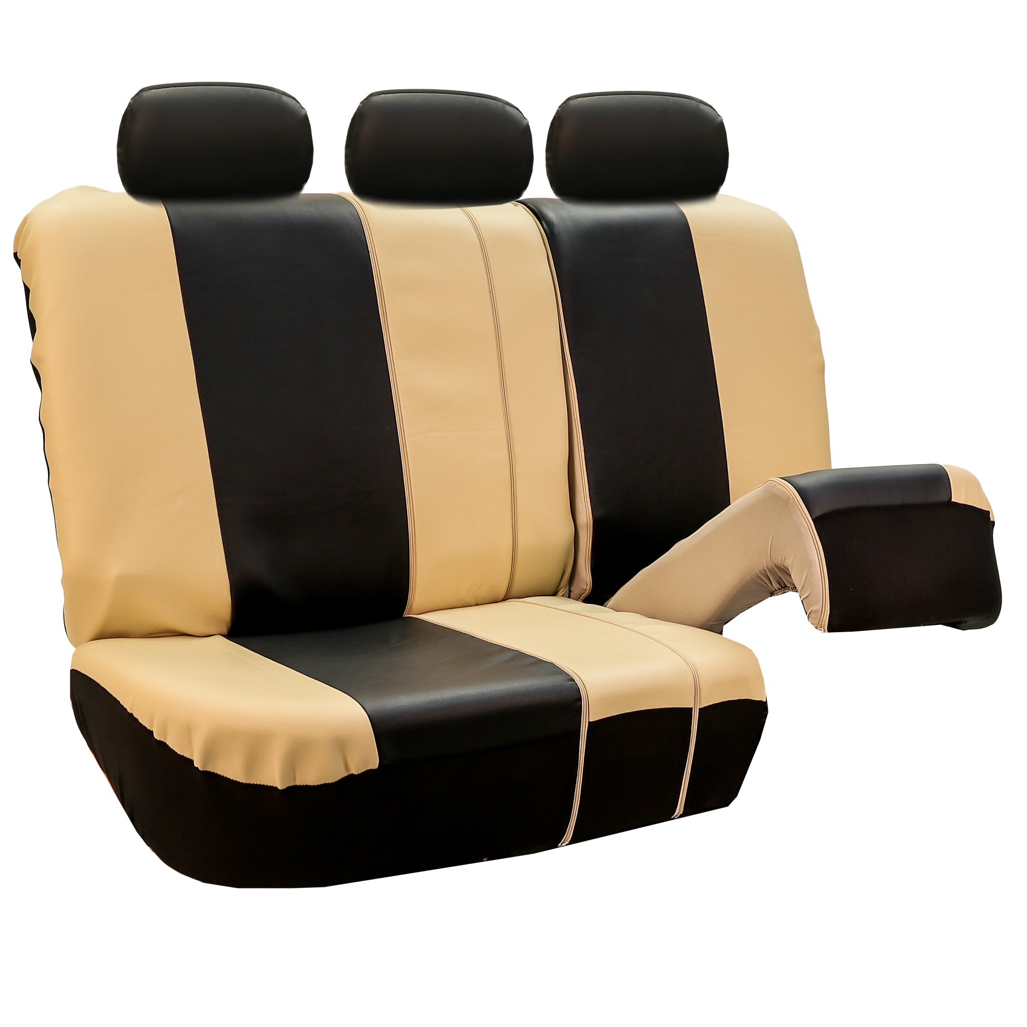 FH Group PU Leather Highback Royal PU Leather Seat Covers， Full Set with Carpet Floor Mats， Tan Black