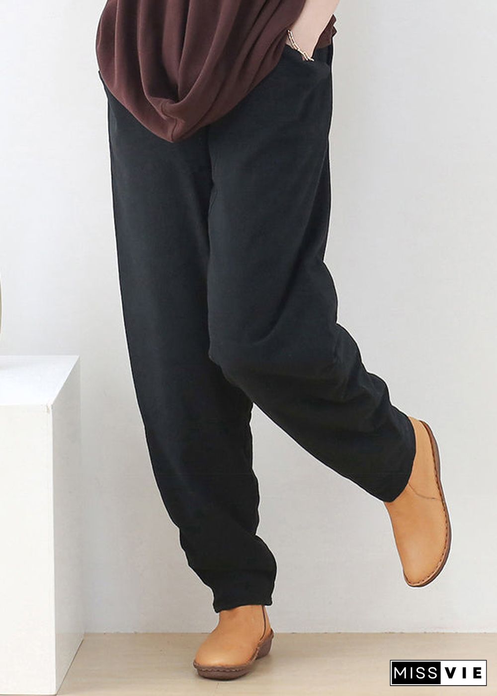 Black Elastic Waist Thick Beam Pants Winter