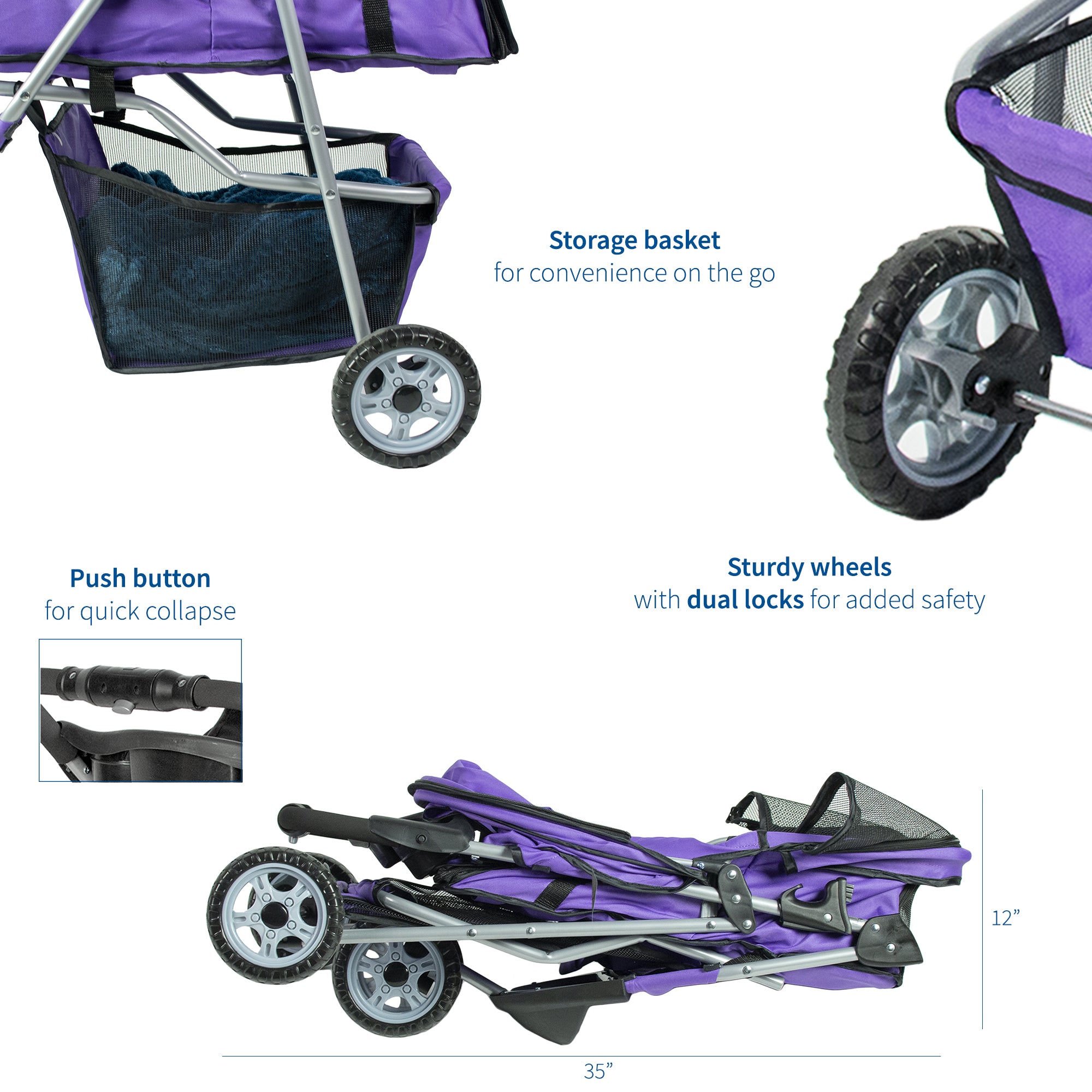 VIVO Purple 3 Wheel Pet Stroller / Cat and Dog Foldable Carrier Strolling Cart