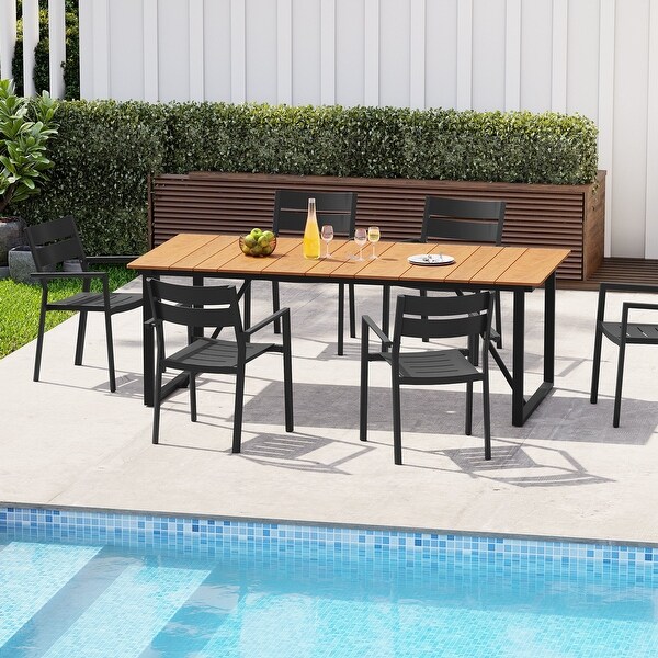 Outdoor Patio Dining Table Aluminum Slatted Top with Umbrella Hole，without Chairs