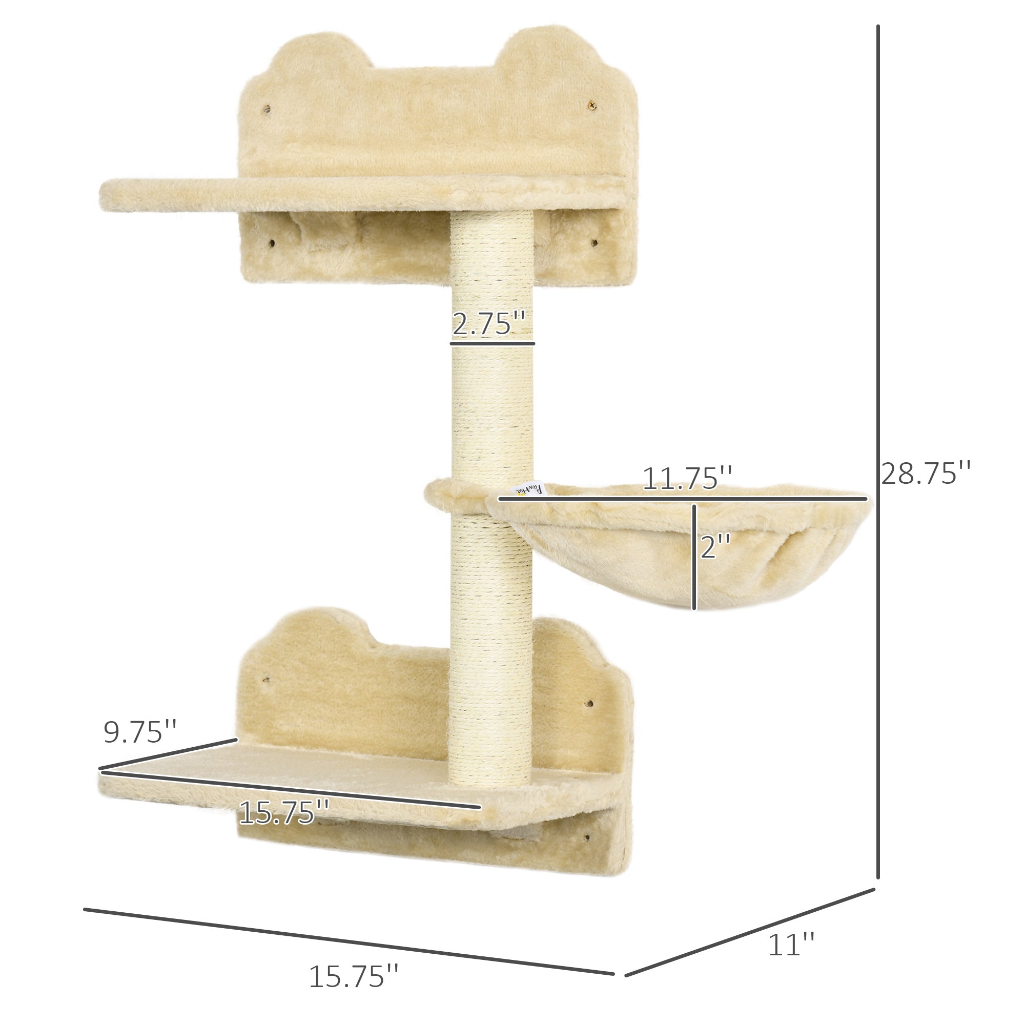 PawHut Wall-Mounted Cat Tree with Hammock for a Cute Cat Bed， Modern Cat Tree with Scratching Post and Cat Shelves， Climbing Playground Kitty Tower