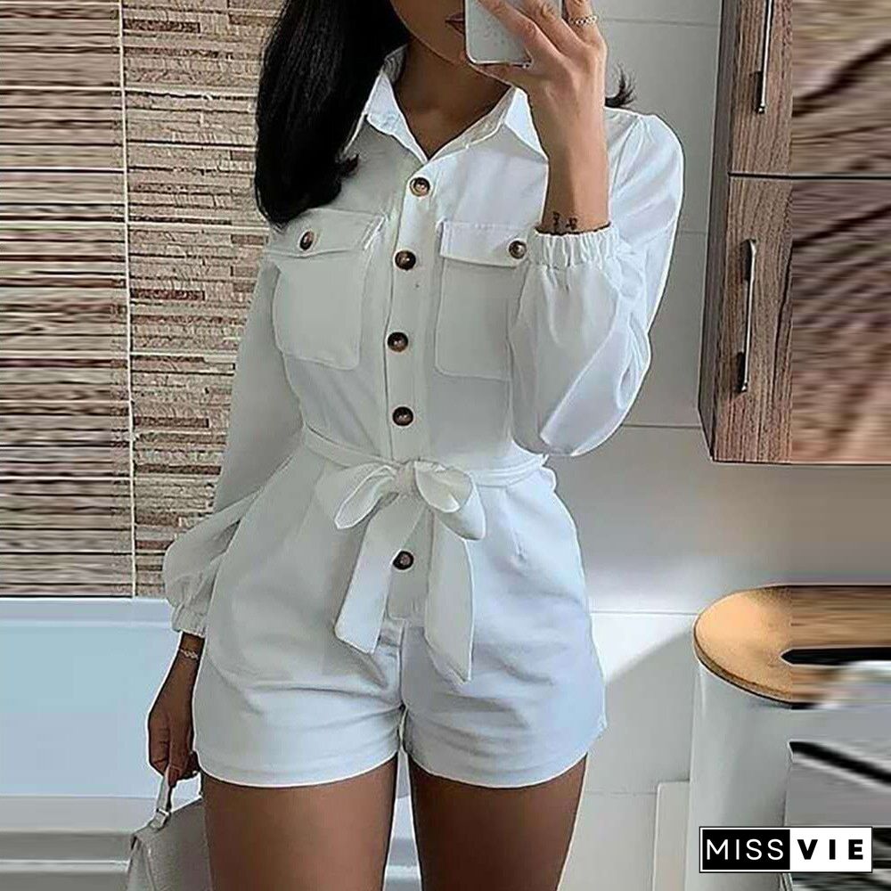 Women Summer Club Playsuit Bodycon Jumpsuit Full Sleeve Safari Style Overalls Decoration Fabric Type Item Type Thickness Pattern