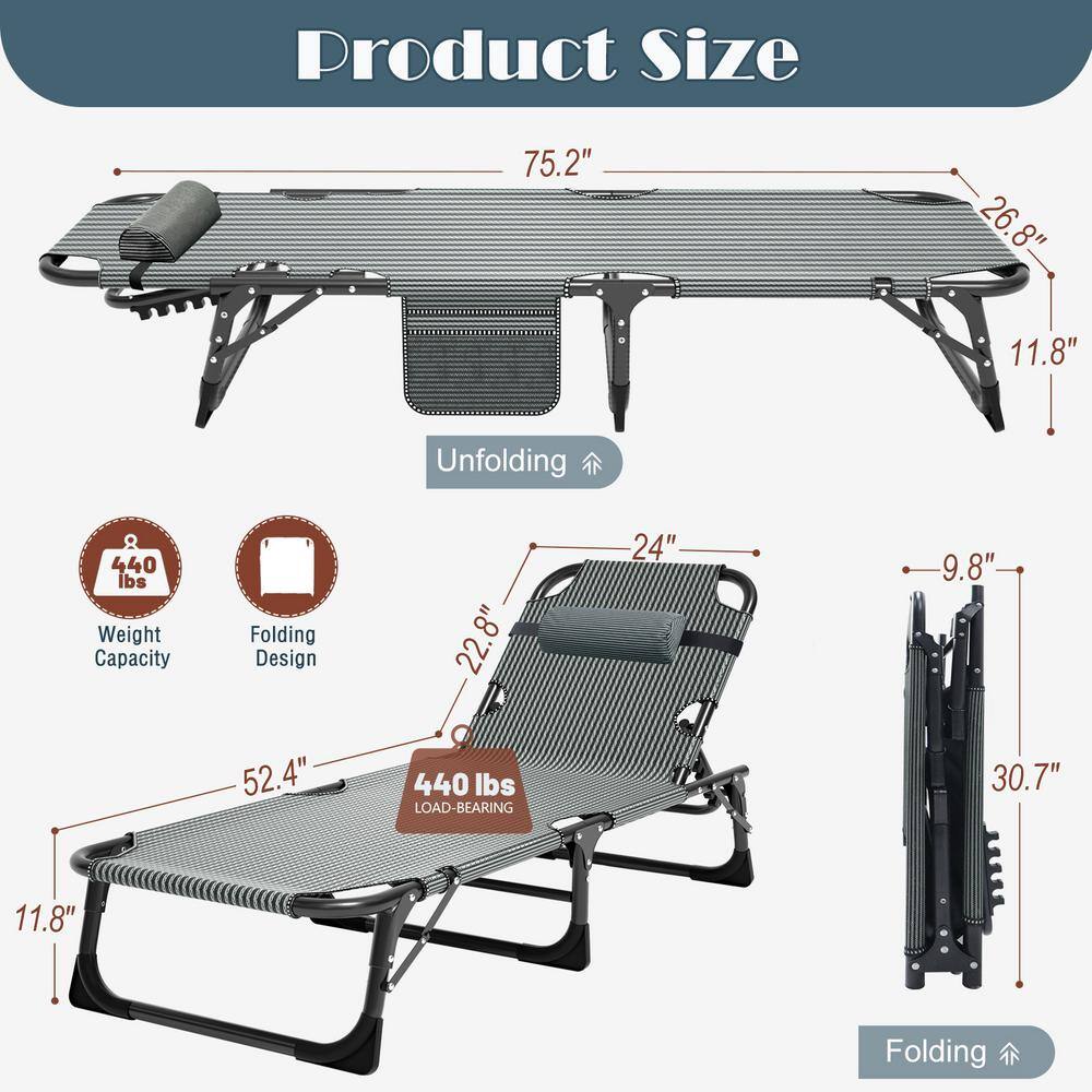 BOZTIY Adjustable 4-Position Adults Reclining Folding Chaise with Pillow Folding Camping Cot Lounge Chair Sleeping Cots Bed K16SZC-N21