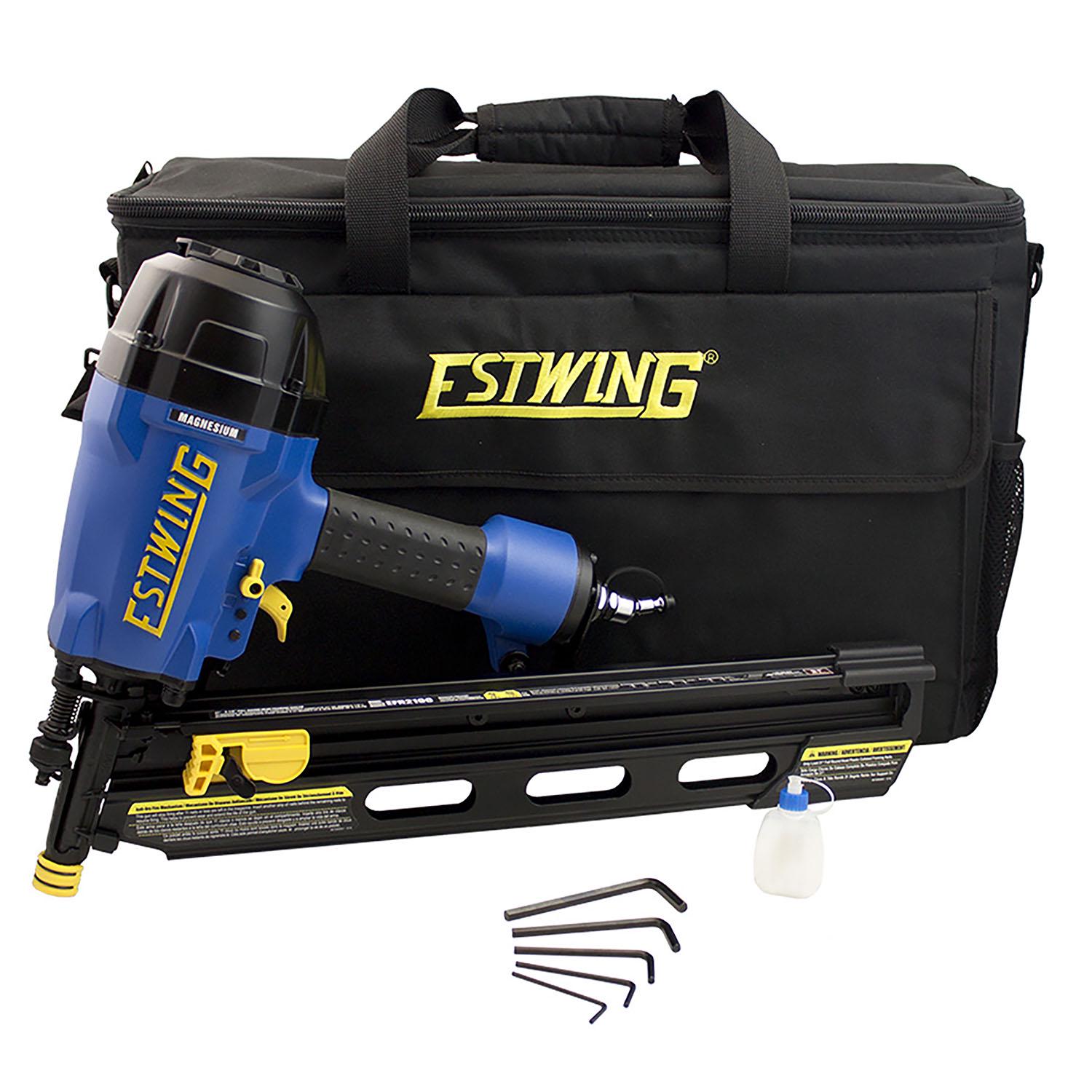 Estwing EFR2190 Pneumatic 21 Degree 3-1/2 Framing Nailer with Adjustable Metal Belt Hook， 1/4 NPT Industrial Swivel Fitting， and Bag