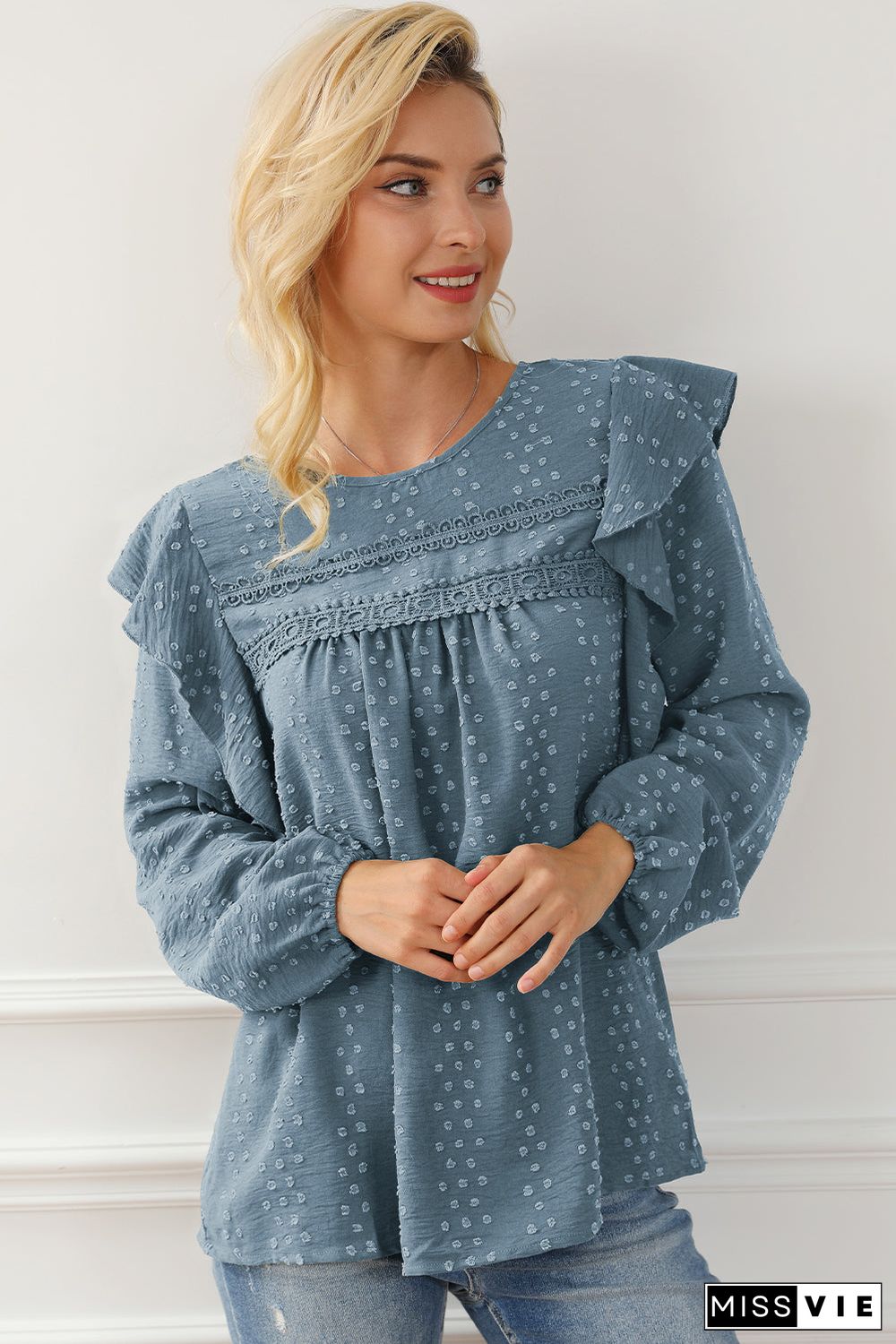 Lace Eyelet Ruffle Shoulder Long Sleeve Blouse