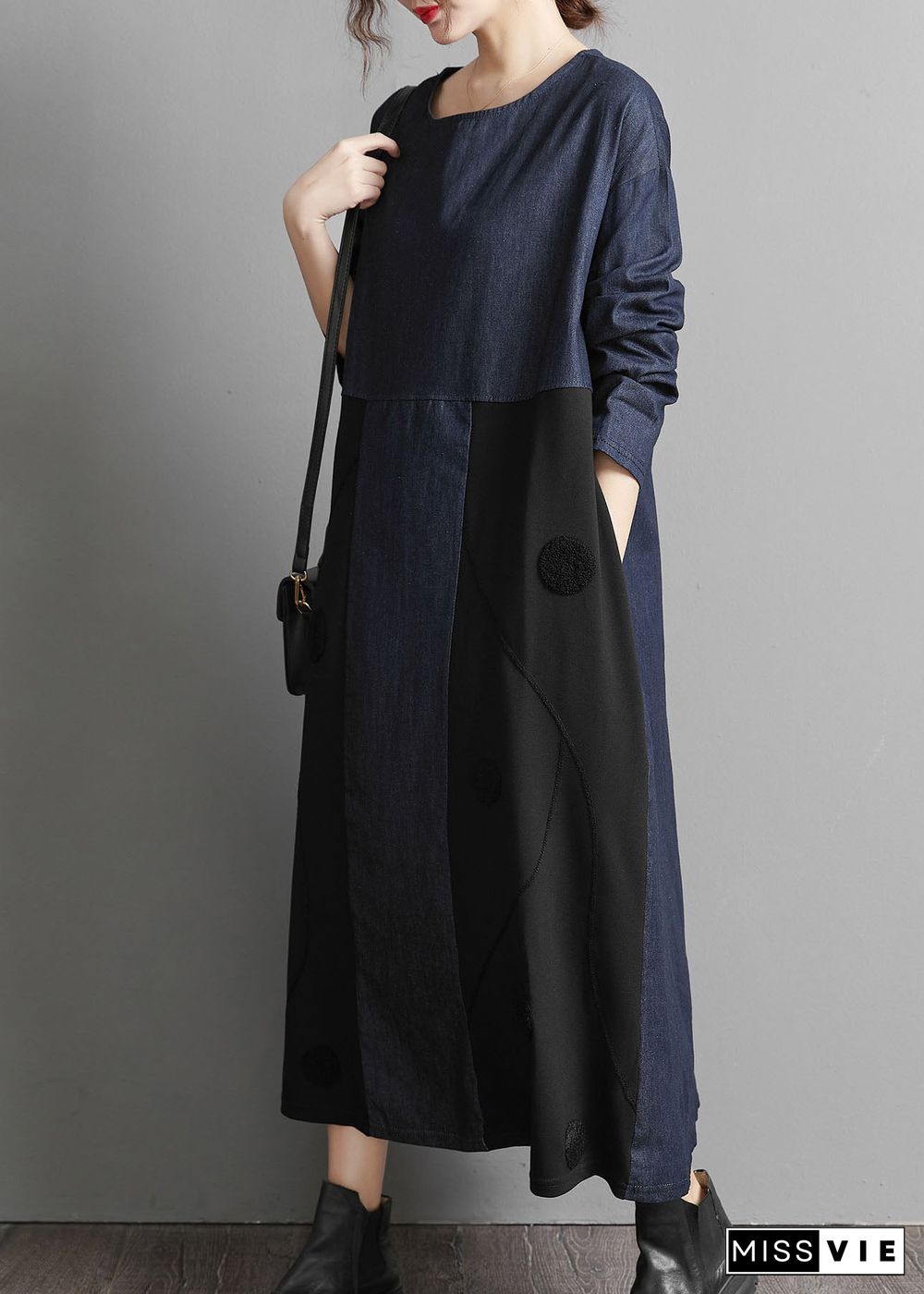 Black Pockets Patchwork denim Maxi Dresses Embroideried Spring