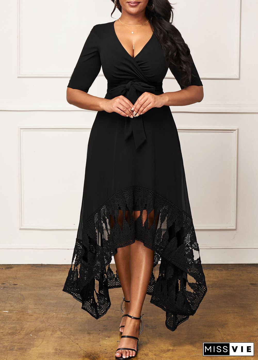 Asymmetric Hem Lace Stitching Black Maxi Dress