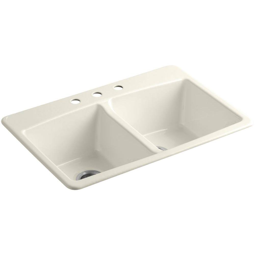 KOHLER Brookfield Drop-In Cast-Iron 33 in. 3-Hole Double Bowl Kitchen Sink in Biscuit K-5846-3-96