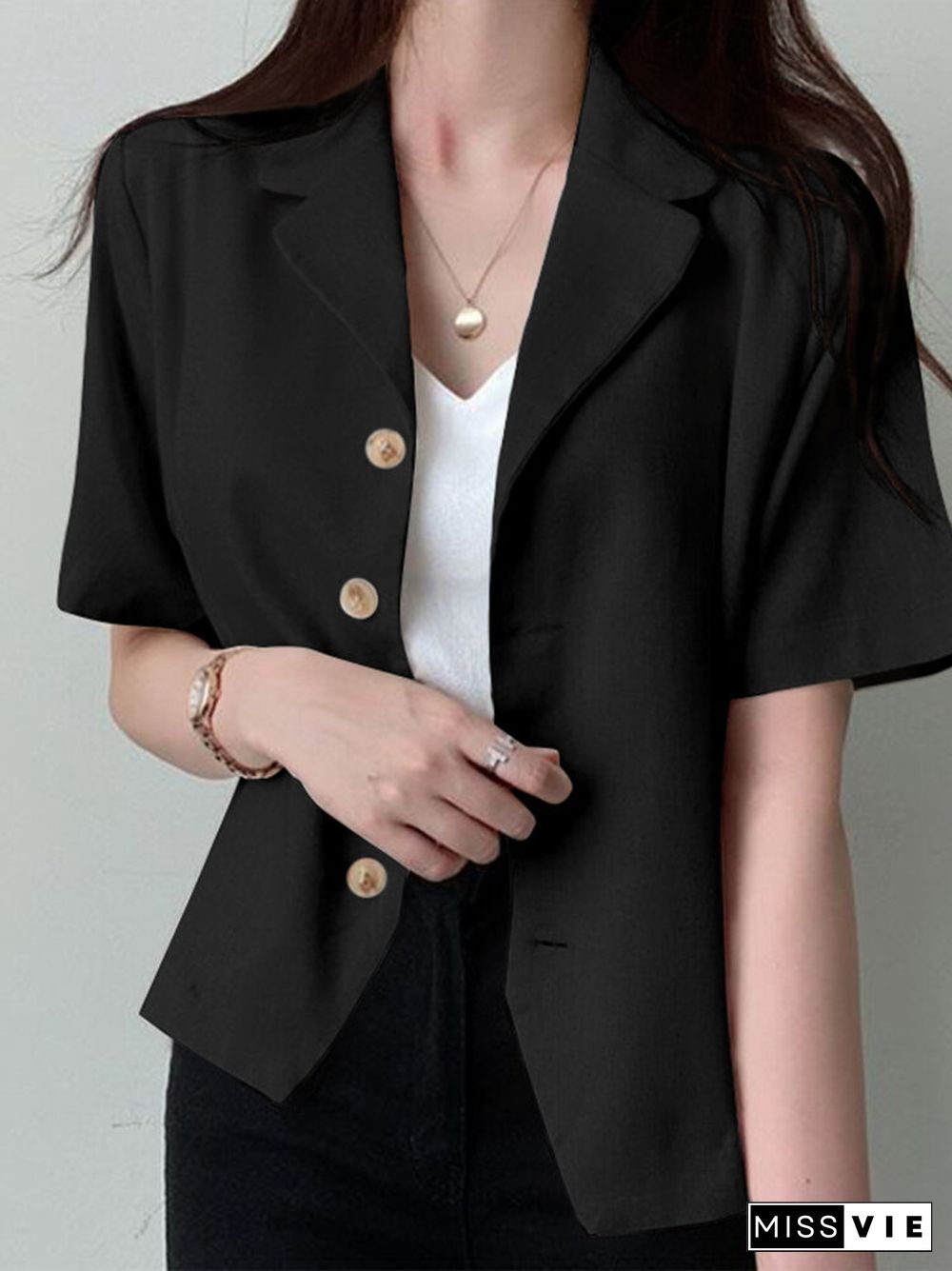 Solid Button Front Lapel Short Sleeve Casual Blazer