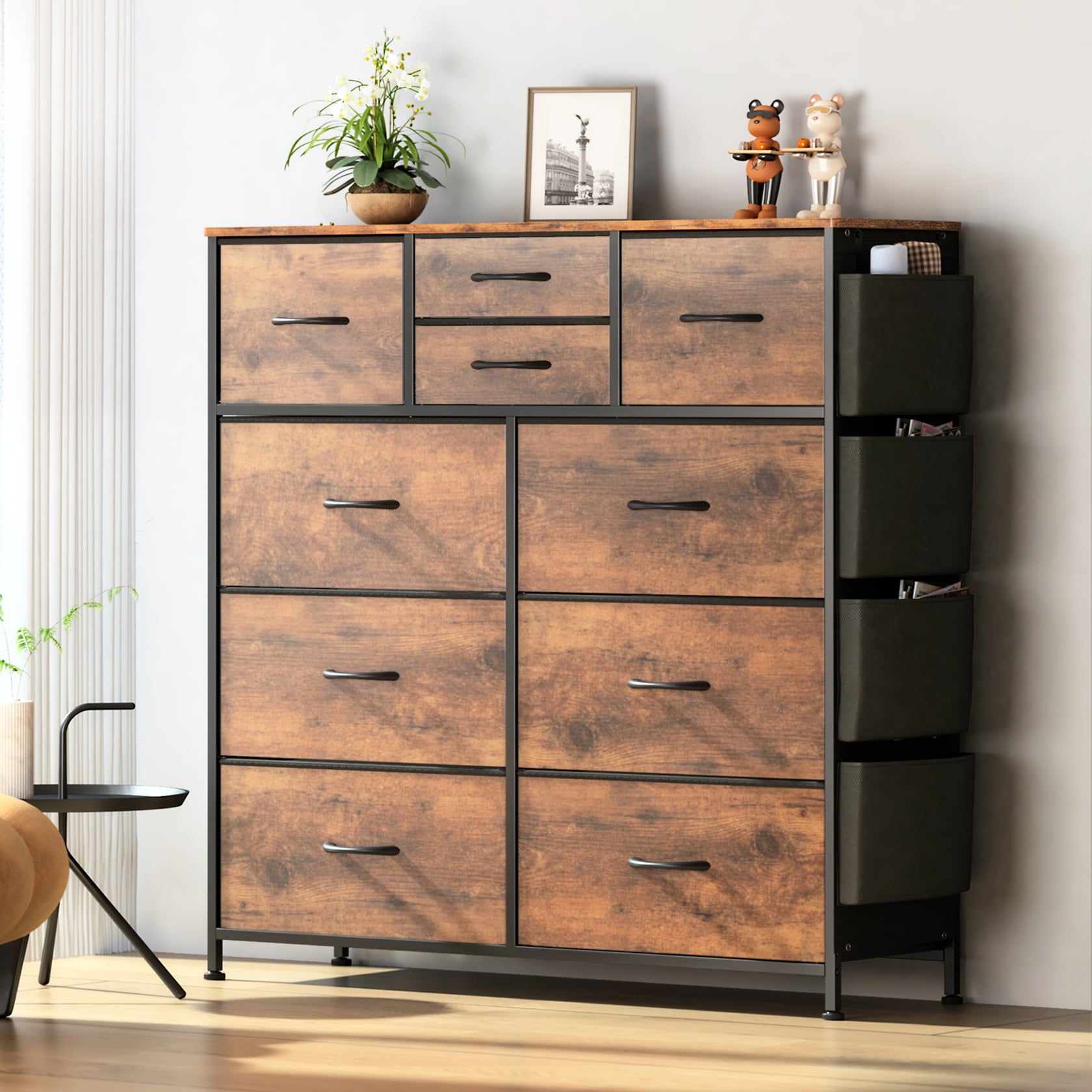 Lulive 10 Drawer Dresser, Chest of Drawers for Bedroom with Side Pockets and Hooks Fabric Storage Dresser Sturdy Steel Frame Wood Top Organizer Unit for Hallway Closet (Brown)