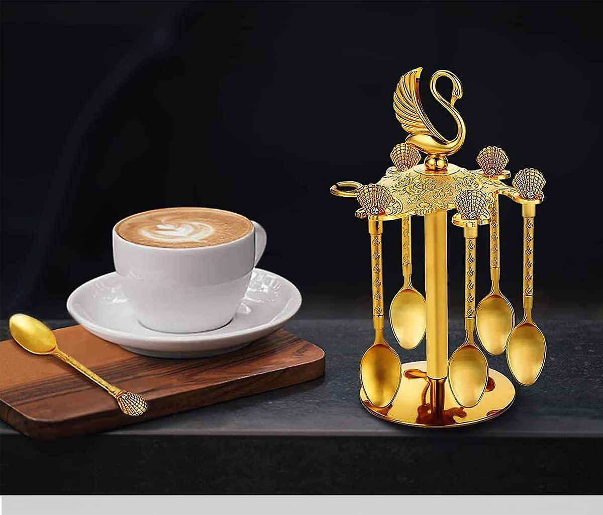 Decorative Swan Base Holder With 6 Spoons， Coffee Dessert Spoons Set，teaspoons， Jam Spoons For Fruit， Stirring， Mixing， Sugar， Ice Cream， Cake (gold)