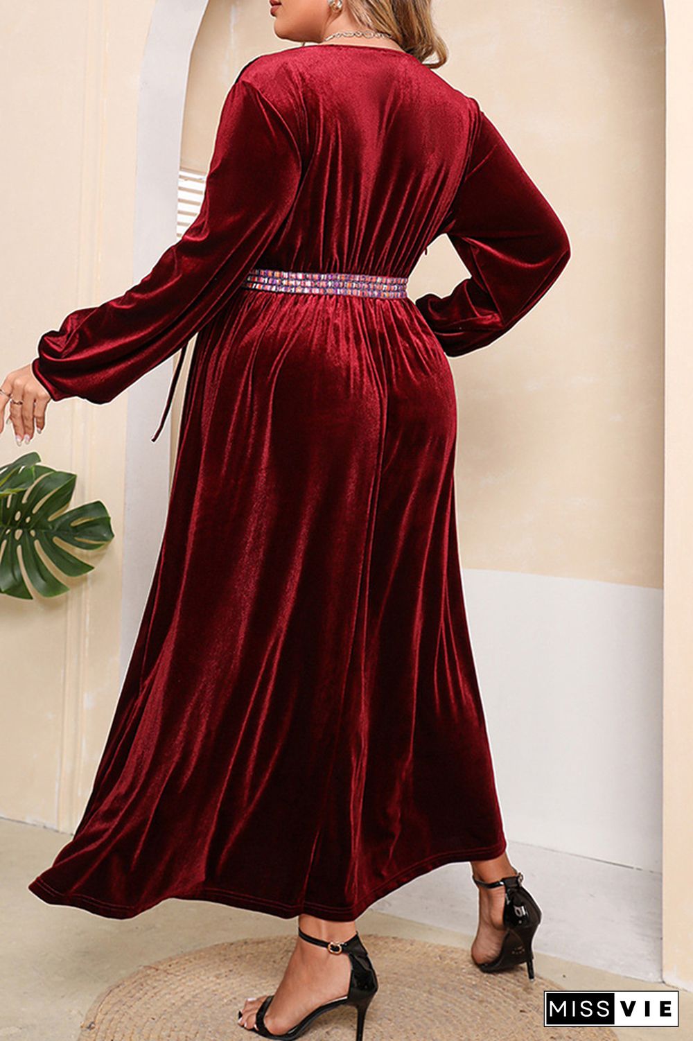 Plus Size Wine Red Pleated Velvet Dress