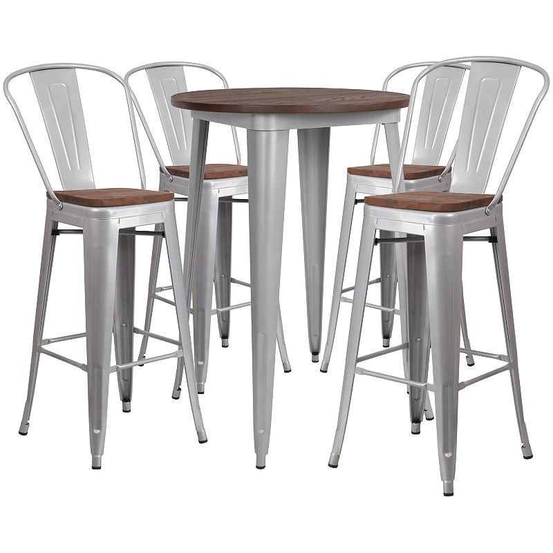 Emma and Oliver 30 Round Black Metal/Wood Bar Table Set - 4 Stools