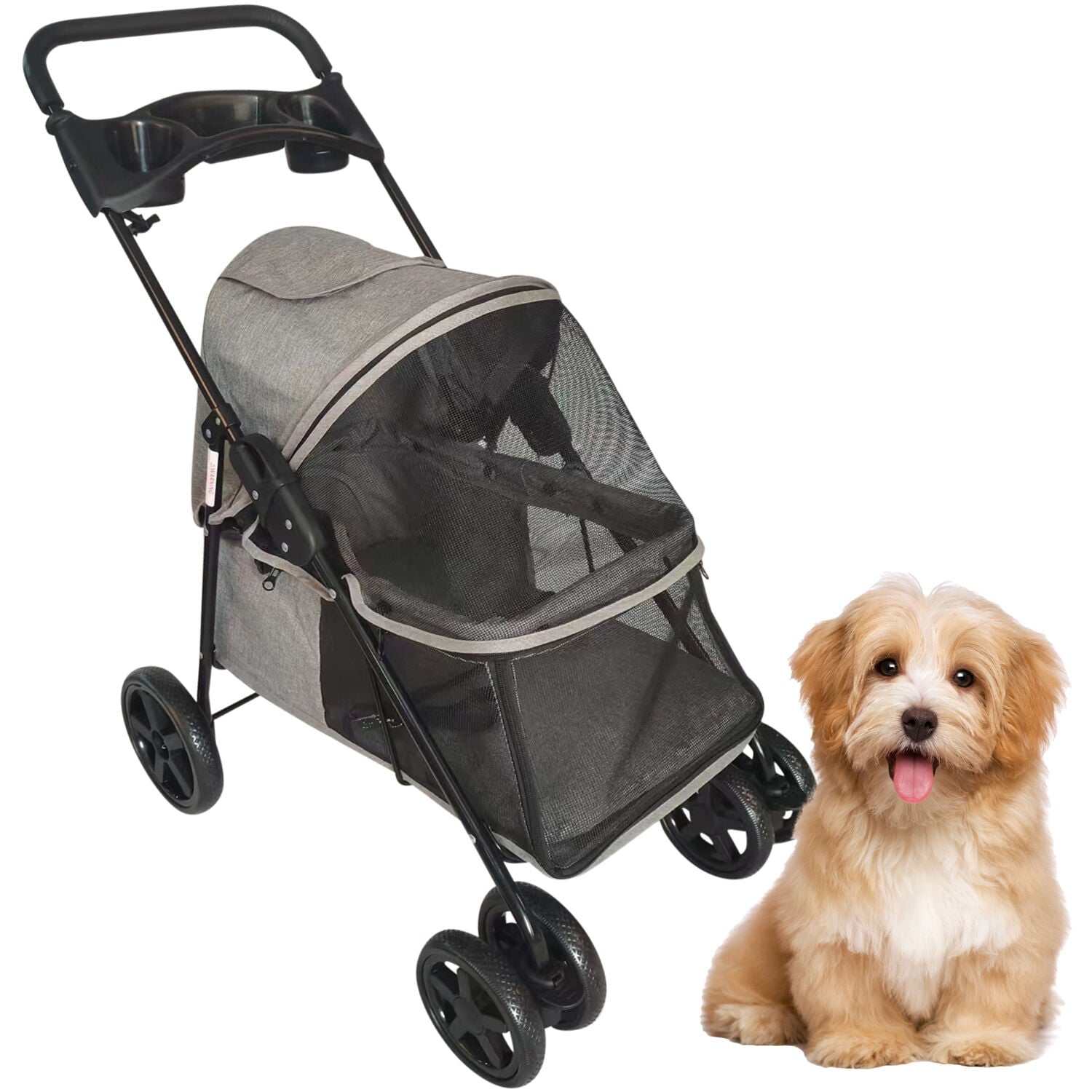 Critter Sitters Grey Foldable Pet Stroller for Small Dogs/Cats with Breathable Scratch Resistant Mesh Windows | Cup Holders | Storage Pockets | Lockable Wheels | Safety Leash | Animal Transportation