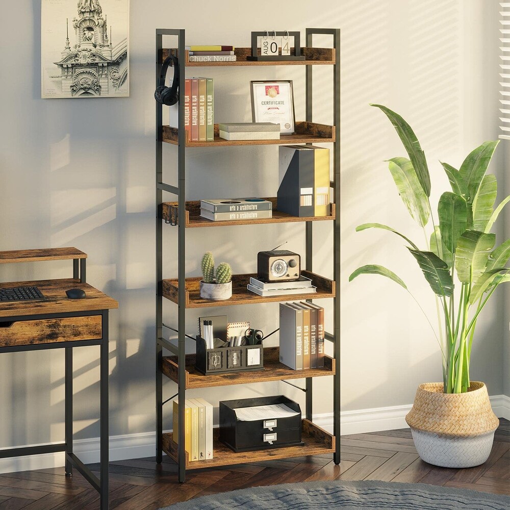 Bookshelf 6 Tier with 4 Hooks  Industrial Bookcase  Vintage Storage Rack with Open Shelves for Living Room  Bedroom