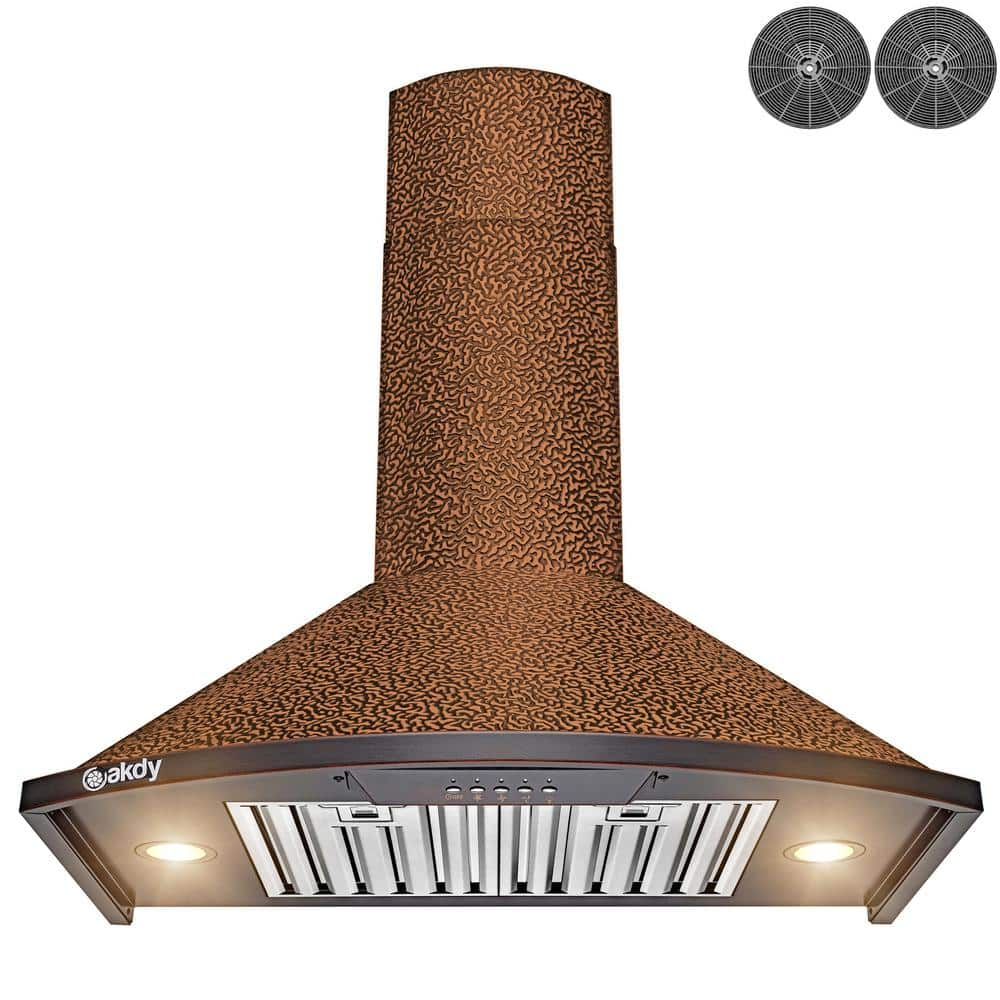 AKDY 30 in 343 CFM Convertible Wall Mount Range Hood with LED Lights and Push Control in Embossed Copper with Carbon Filters