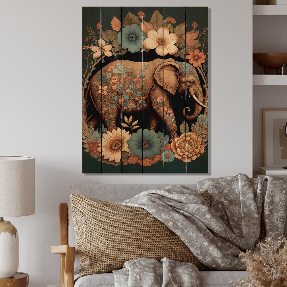 Designart 'Retro Elephant Surrounded By Flowers I' Animals Elephant Wood Wall Art   Natural Pine Wood