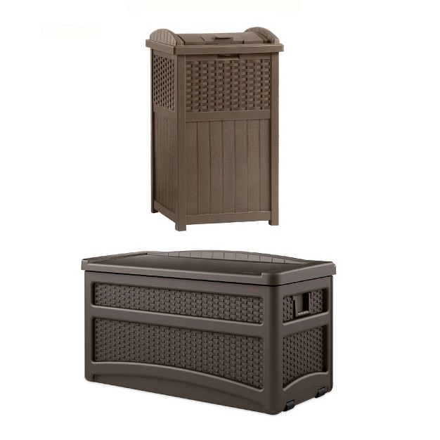 Suncast 73 Gallon Deck Box amp Wicker Trash Hideaway Outdoor Garbage Bin Java