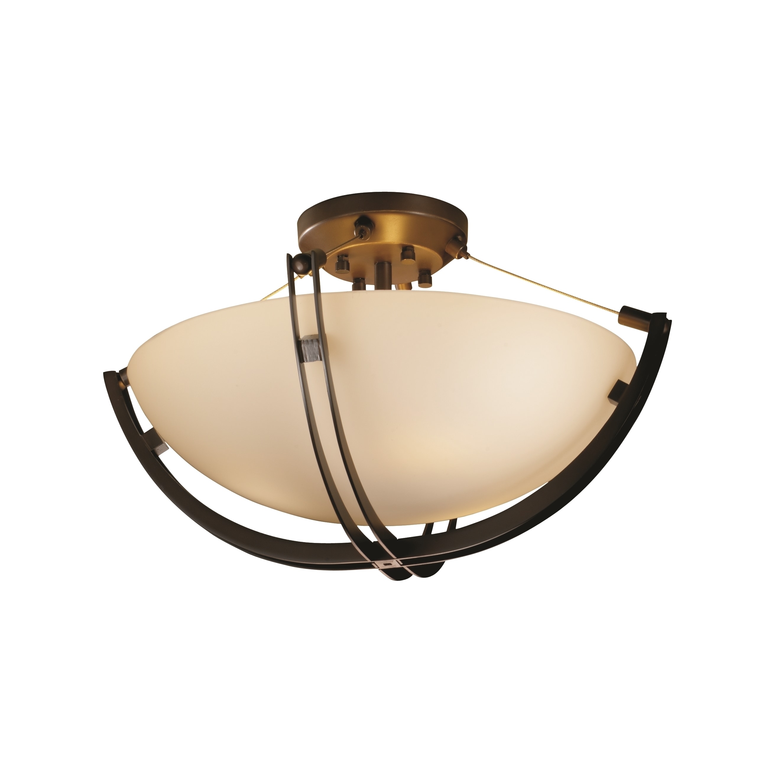 Justice Design Fusion Crossbar 3-light Dark Bronze Round Bowl Semi-flush， Opal Shade