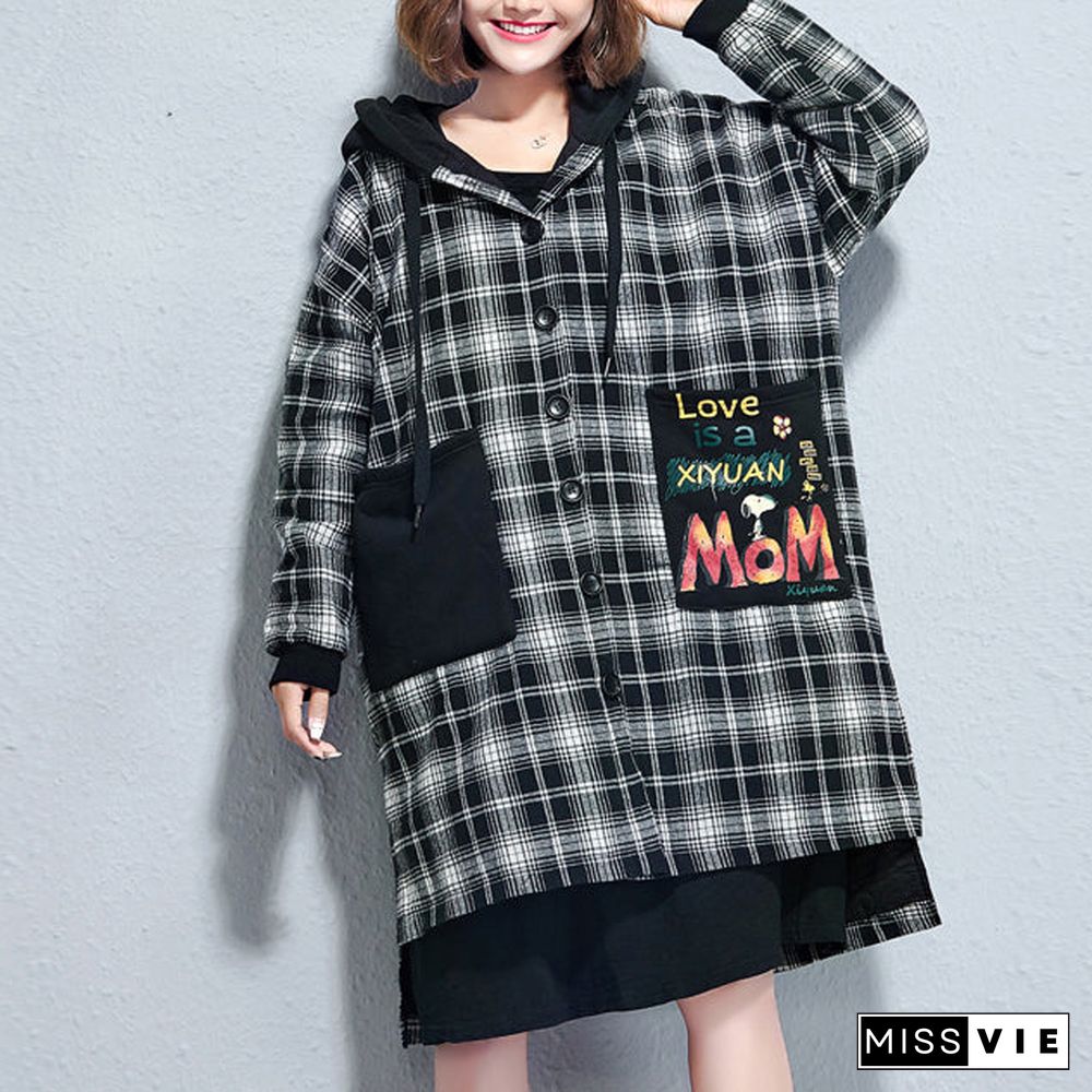 winter casual grid print cotton thick coats plus size hooded thick low high  cardigans