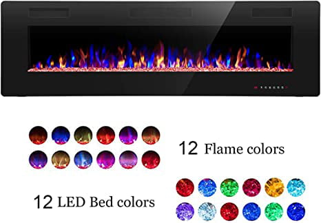 R.W.FLAME 60" Electric Fireplace in-Wall Recessed and Wall Mounted 1500W Fireplace Heater and Linear Fireplace with Timer/Multicolor Flames/Touch Screen/Remote Control (Black)