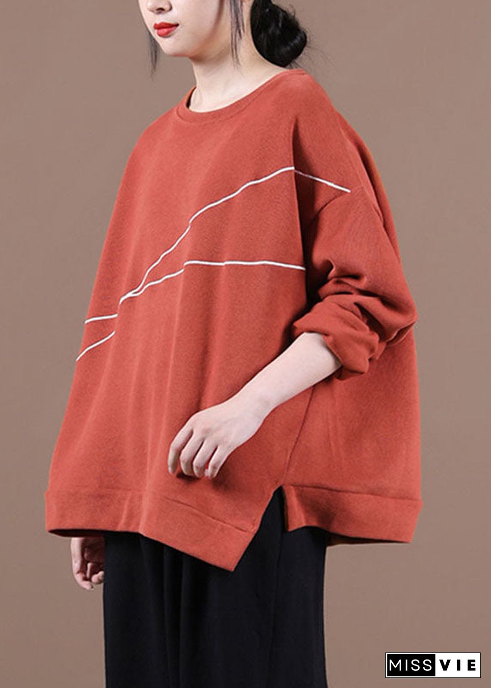 Elegant Brick Red O-Neck Embroideried Loose Fall Sweatshirt