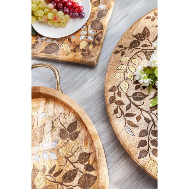 Gg Collection Mango Wood With Laser And Metal Inlay Leaf Design Lazy Susan