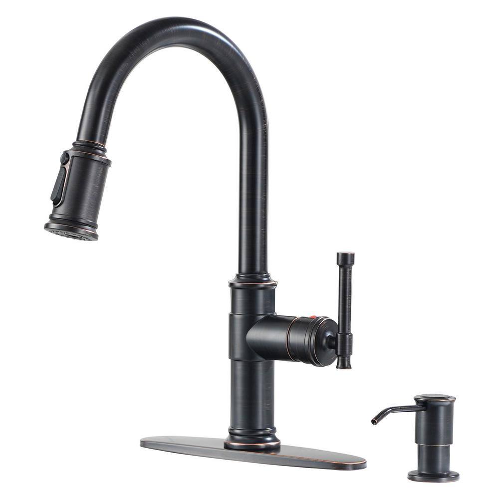 Boyel Living 1.8 GPM Single Handle Pull Down Sprayer Kitchen Faucet with Soap Dispenser and Ceramic Cartridge in Oil Rubbed Bronze BL-APS136-ORB