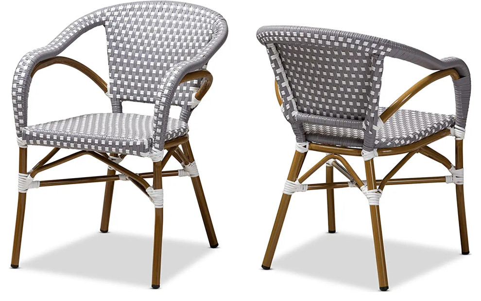 Set of 2 French Country Patio Dining Chair  Stackable Grey/White Wicker Seat   Tropical   Outdoor Dining Chairs   by Decor Love  Houzz