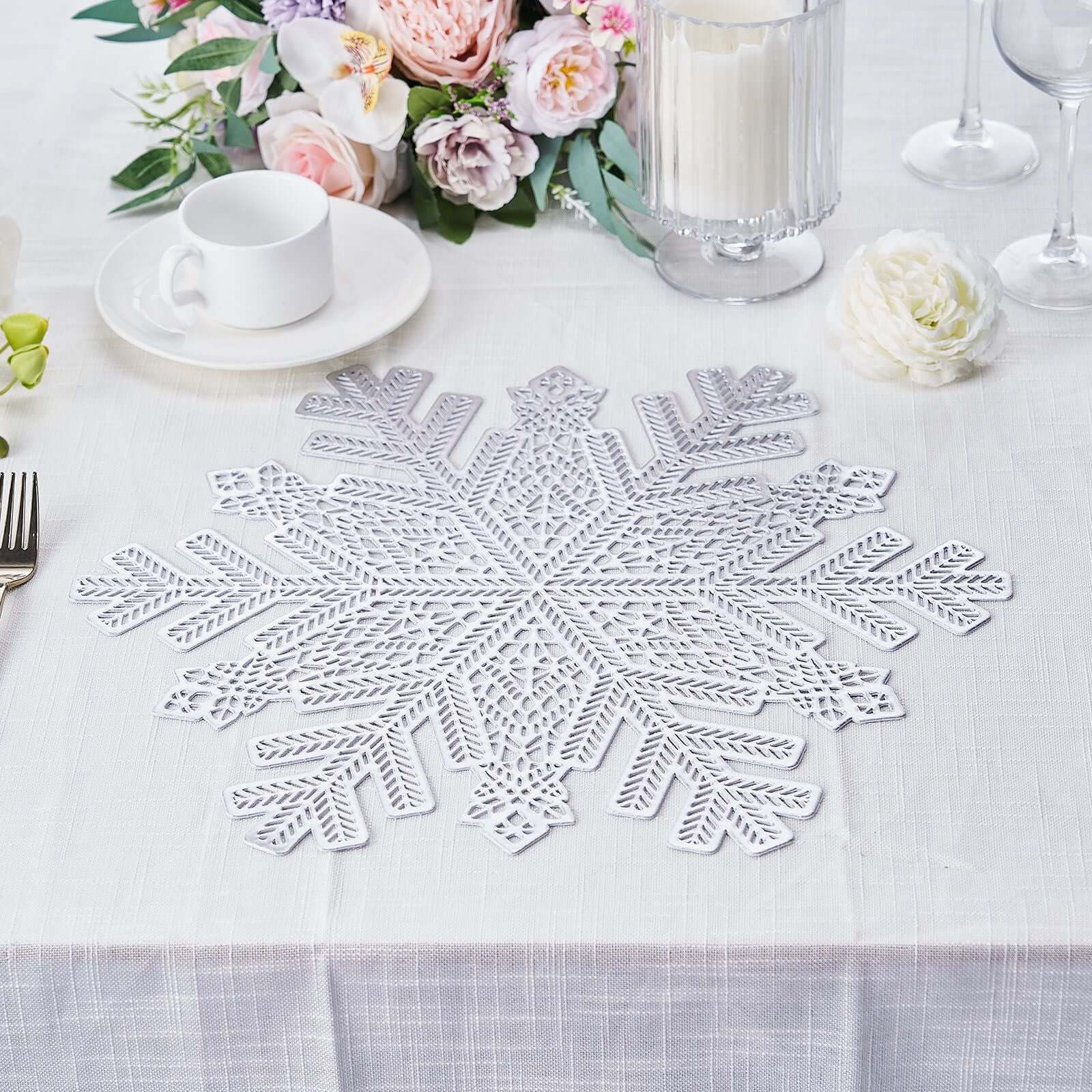 6 Pack Silver Metallic Snowflake Vinyl Placemats, Non-Slip Winter Wonderland Table Mats 18