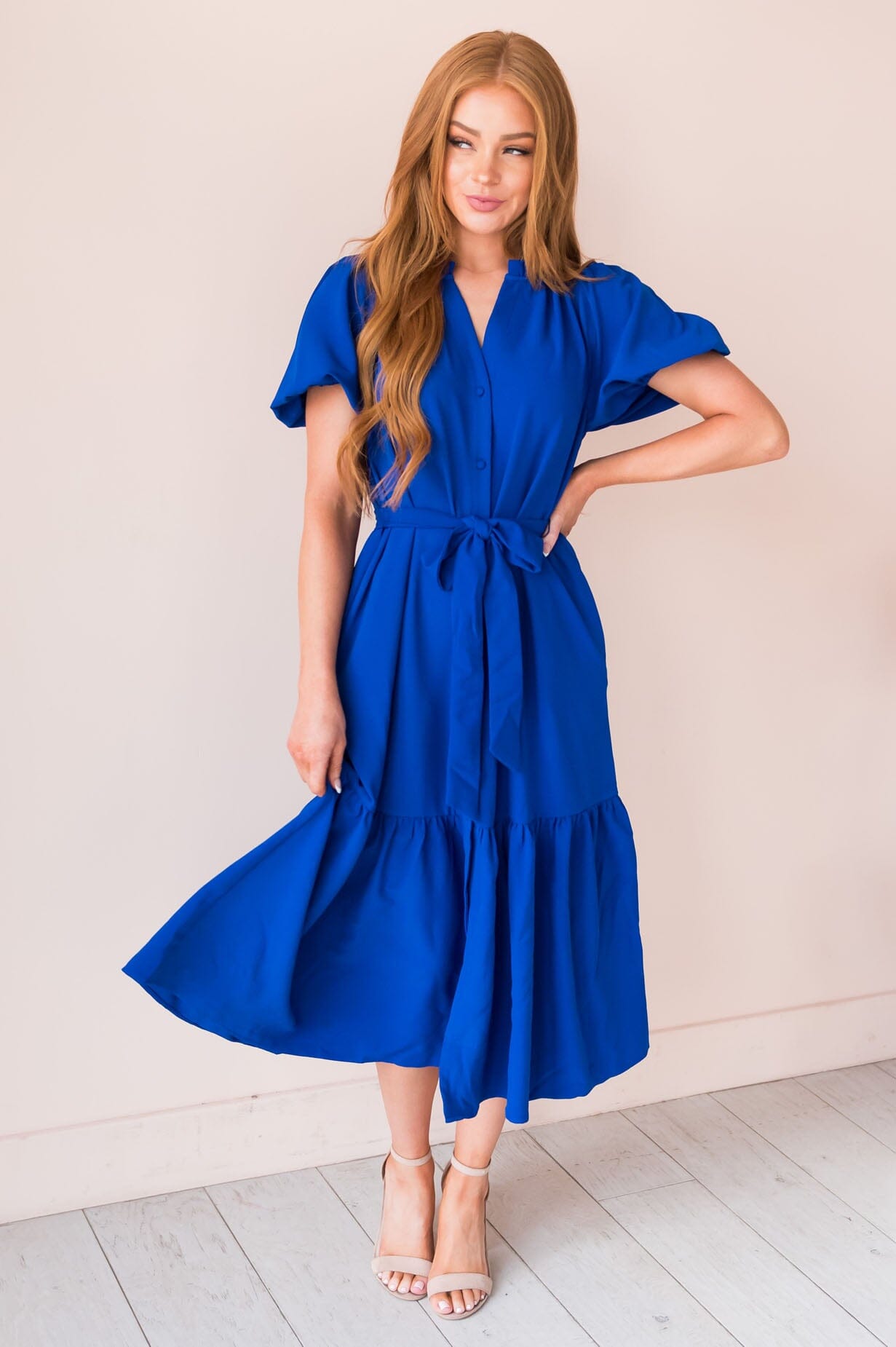 Alaska V-neck Puff Sleeve Spring Dress-Diamond Blue