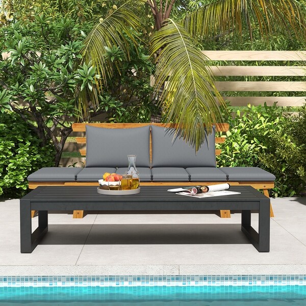 Outsunny Wooden Garden Bench for Outdoor with Cushions，Adjustable Armrests Front Porch Bench，Multifunctional Patio Loveseat