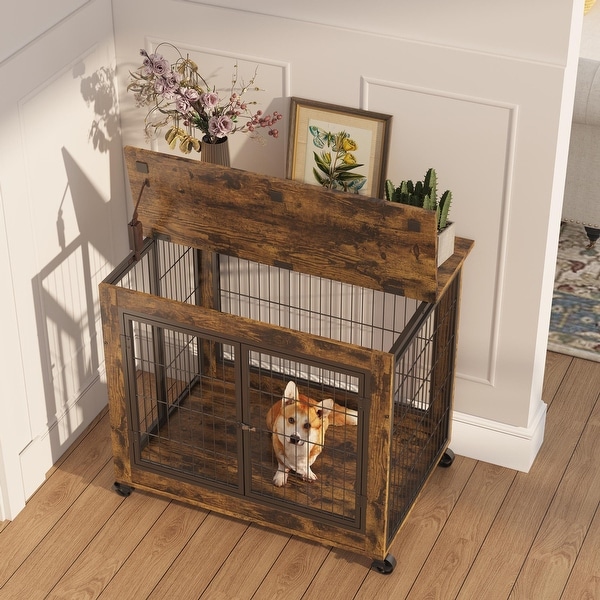 End Table Dog Cage with Double Doors on Casters