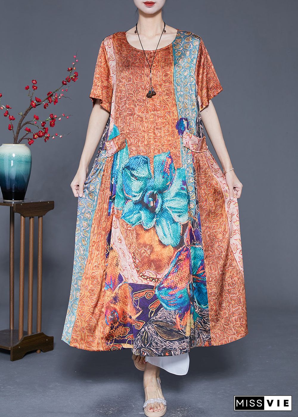 Plus Size Orange Oversized Print Pockets Silk Vacation Dresses Summer