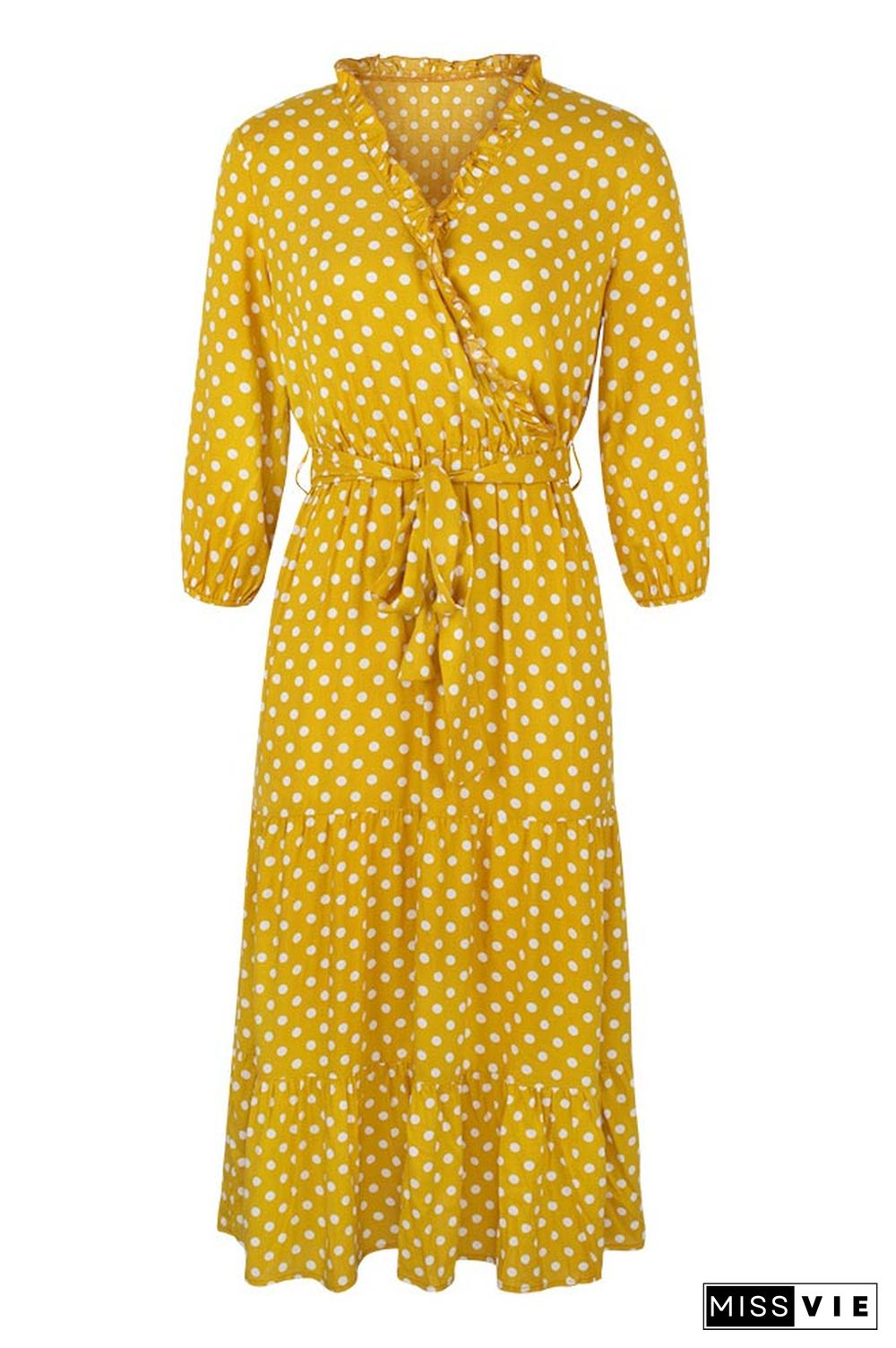 Classic Polka Dot Printed Gathered Waist  Midi Dress