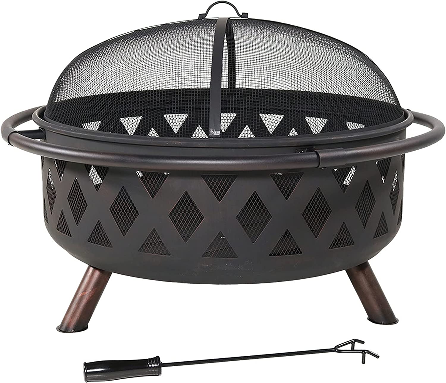 Sunnydaze Black Crossweave Large Outdoor Fire Pit - 36-Inch Heavy-Duty Wood-Burning Fire Pit with Spark Screen for Patio and Backyard Bonfires - Includes Poker and Round Fire Pit Cover