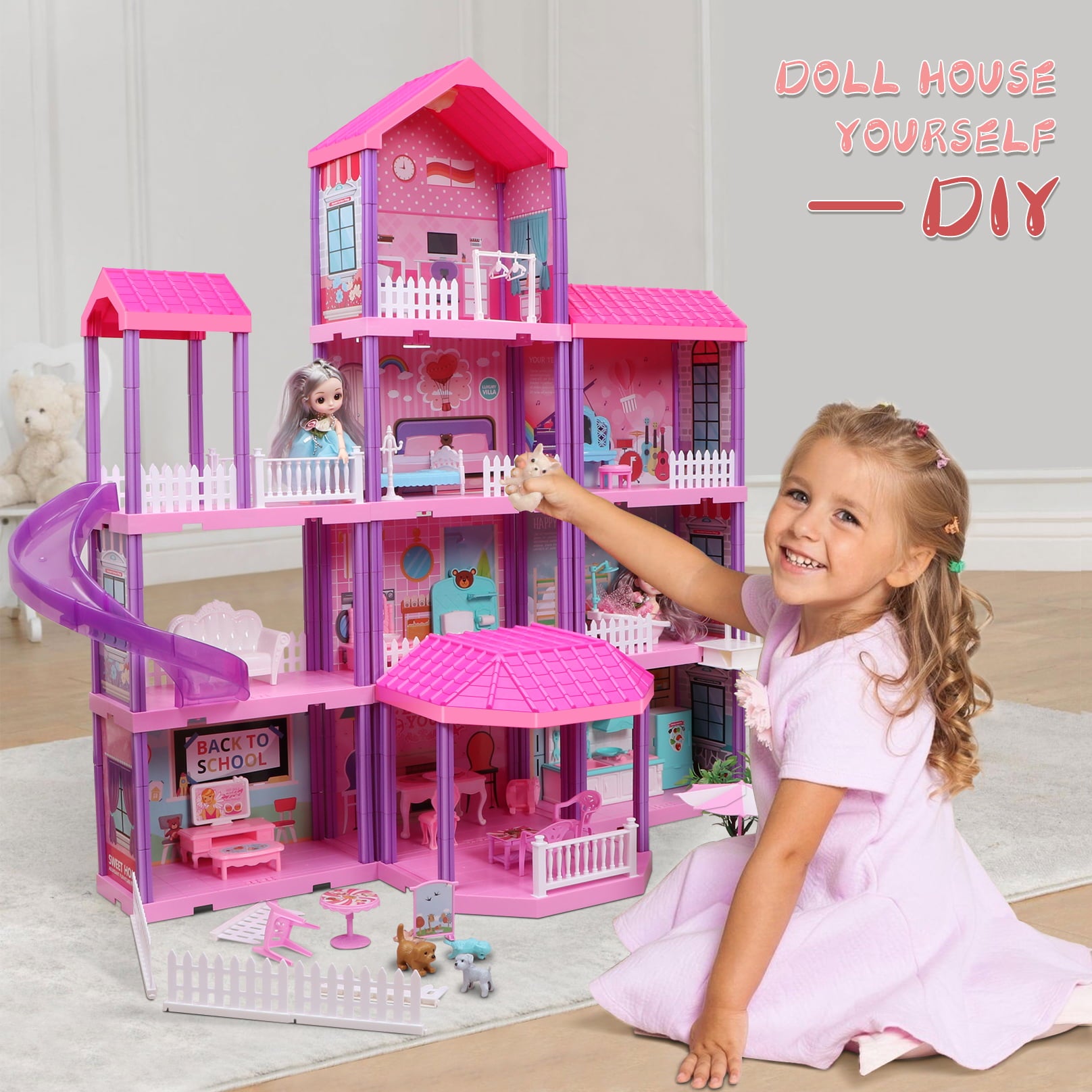 Beefunni 36 inch Dollhouse Playset Girl Toys, 11 Rooms with Doll Toy Figures Toddler Playhouse Christmas Birthday Gifts for 3 4 5 6 7 Year Old Girls