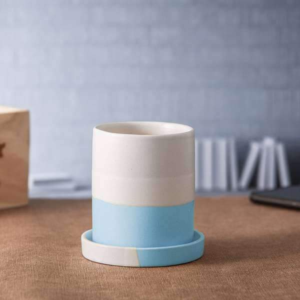 3.1 inch (8 cm) CP044 Cylindrical Ceramic Pot with Plate (White, Cyan Blue) (set of 2)