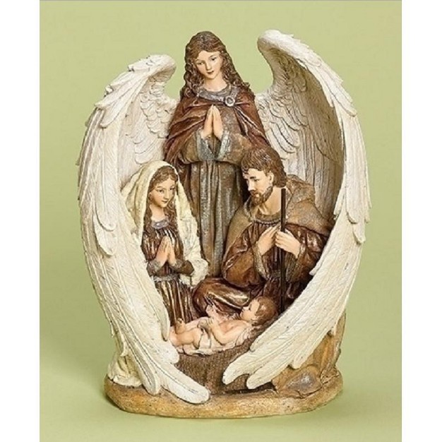 Brown And White Inspirational Holy Family With Angel Christmas Nativity Figurine