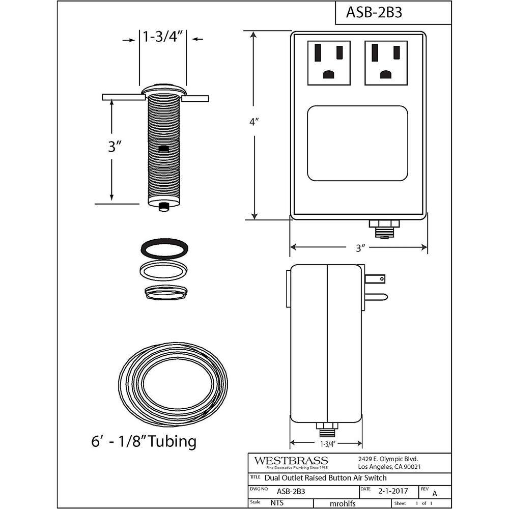 Westbrass Sink Top Waste Disposal Air Switch and Dual Outlet Control Box Flush Button Matte Black RASB-2B3-62