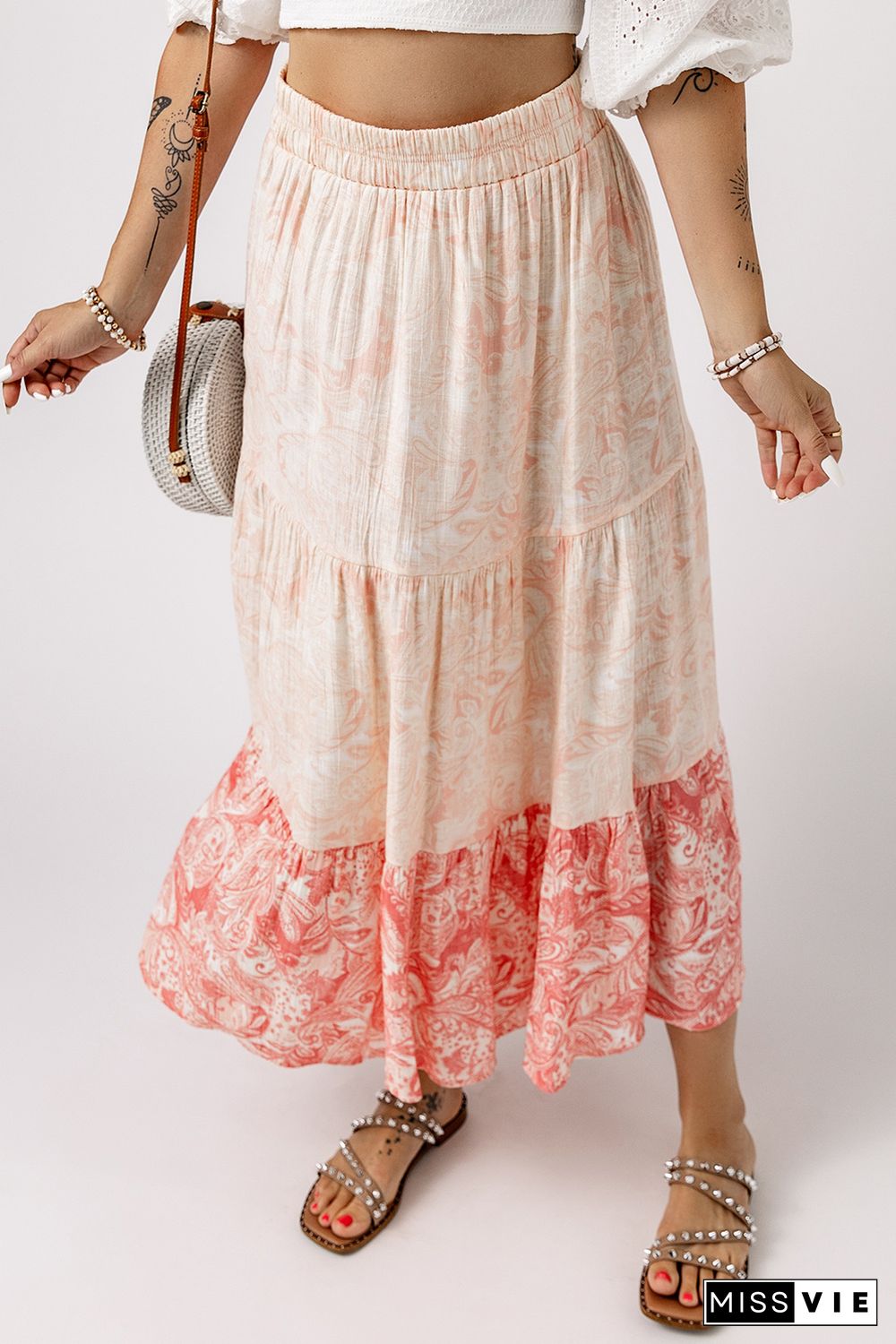 Pink Floral Print Ruffle Hem Tiered Maxi Skirt