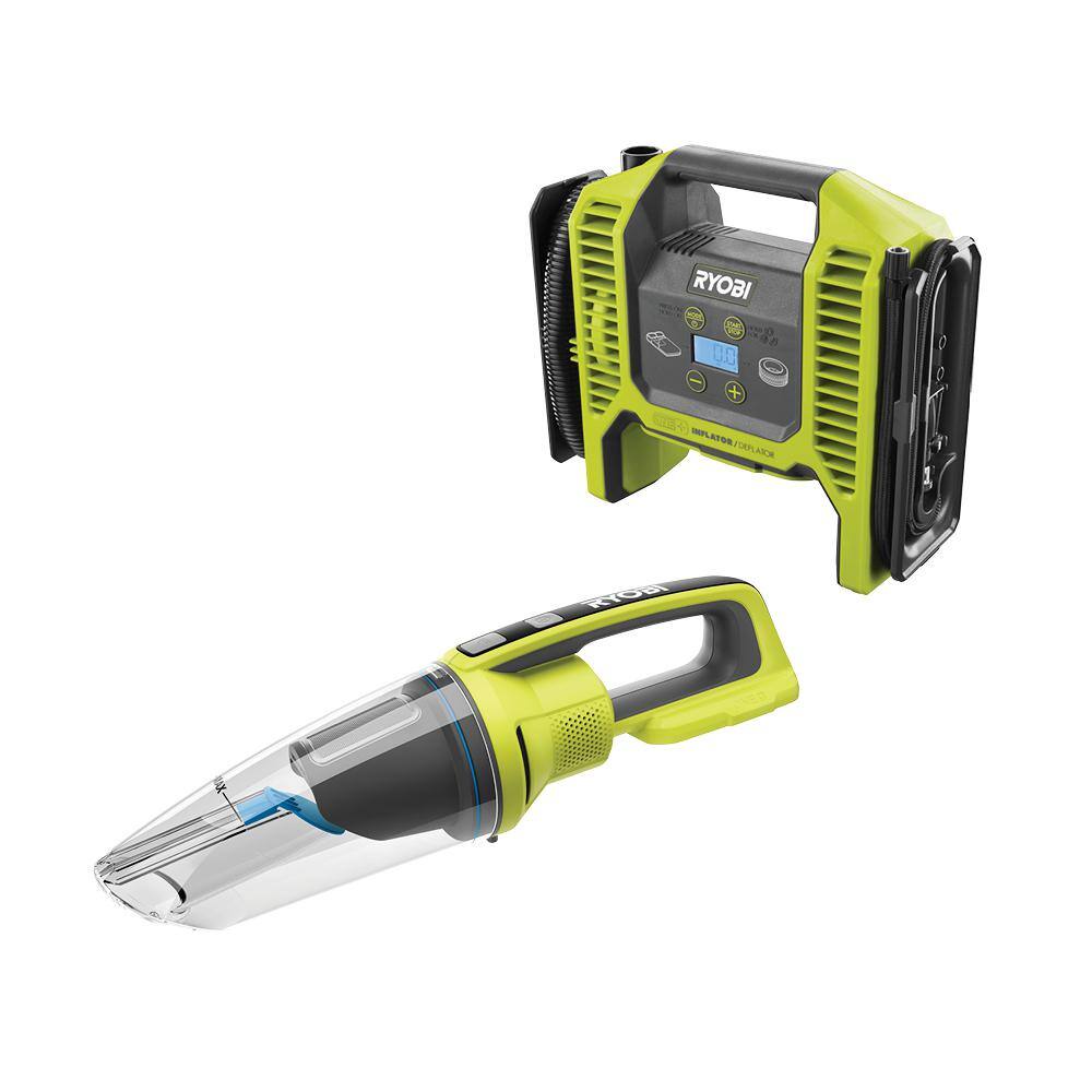 RYOBI ONE+ 18V Cordless Dual Function Portable InflatorDeflator with Cordless WetDry Hand Vacuum (Tools Only) P747-PCL702B