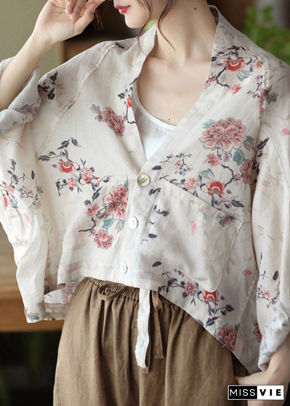 Handmade White V Neck Print Button Linen Shirt Batwing Sleeve