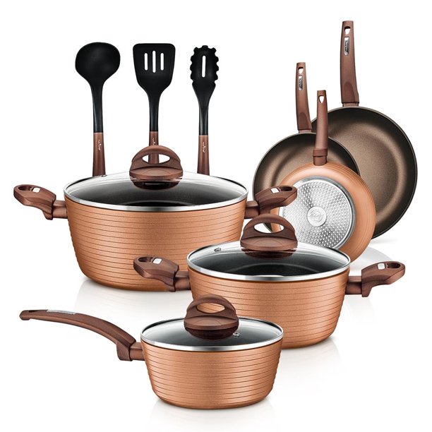 NutriChef 12 Piece Kitchenware Pots and Pans Set - Stylish Kitchen Cookware， Non-Stick Coating Inside and Outside， Brown