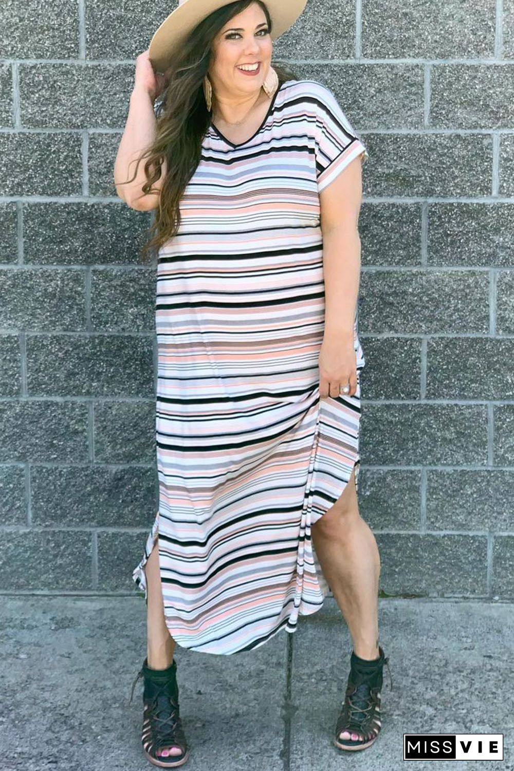 White Striped Print V Neck Side Split Plus Size Dress