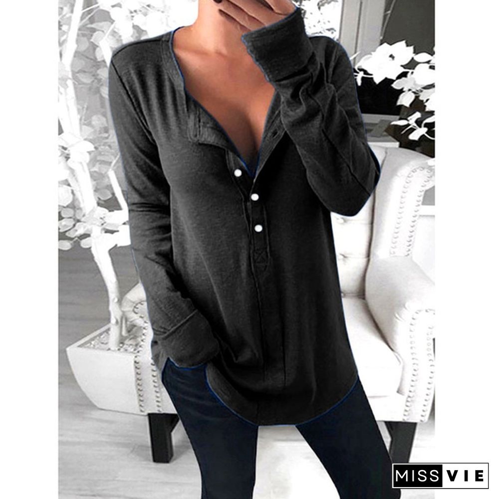 XS-8XL Plus Size Fashion Clothes Women's Autumn and Winter Tops Solid Color Casual Long Sleeve Pullover Sweatshirts V-neck Button Up Loose T-shirts Ladies Solid Color Cotton T-shirts