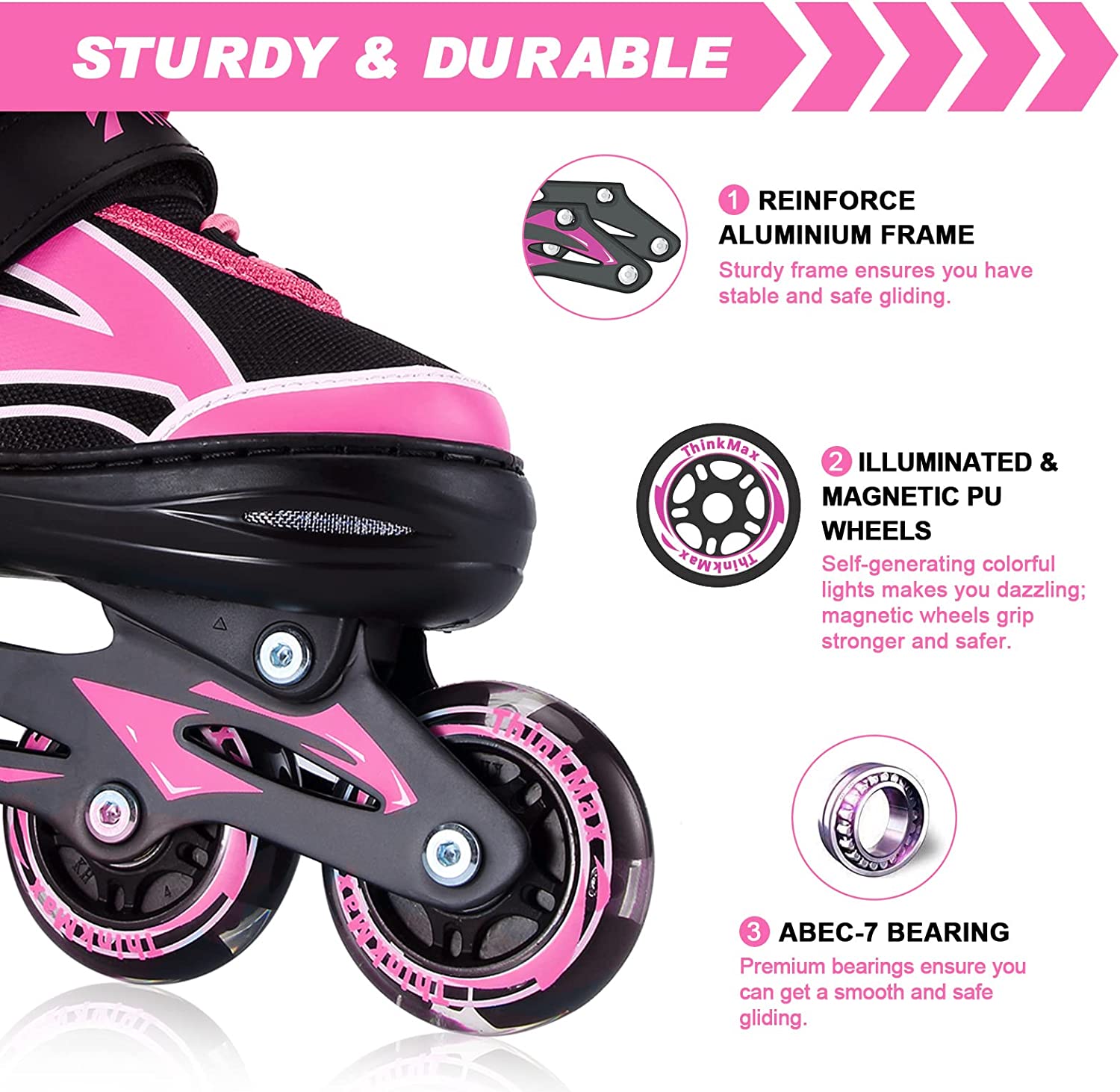 Inline Skates for Kids Girls Boys with Full Light Up Wheels， Adjustable Roller Blades for Youth Beginner Adults Indoor Outdoor (Pink Small)