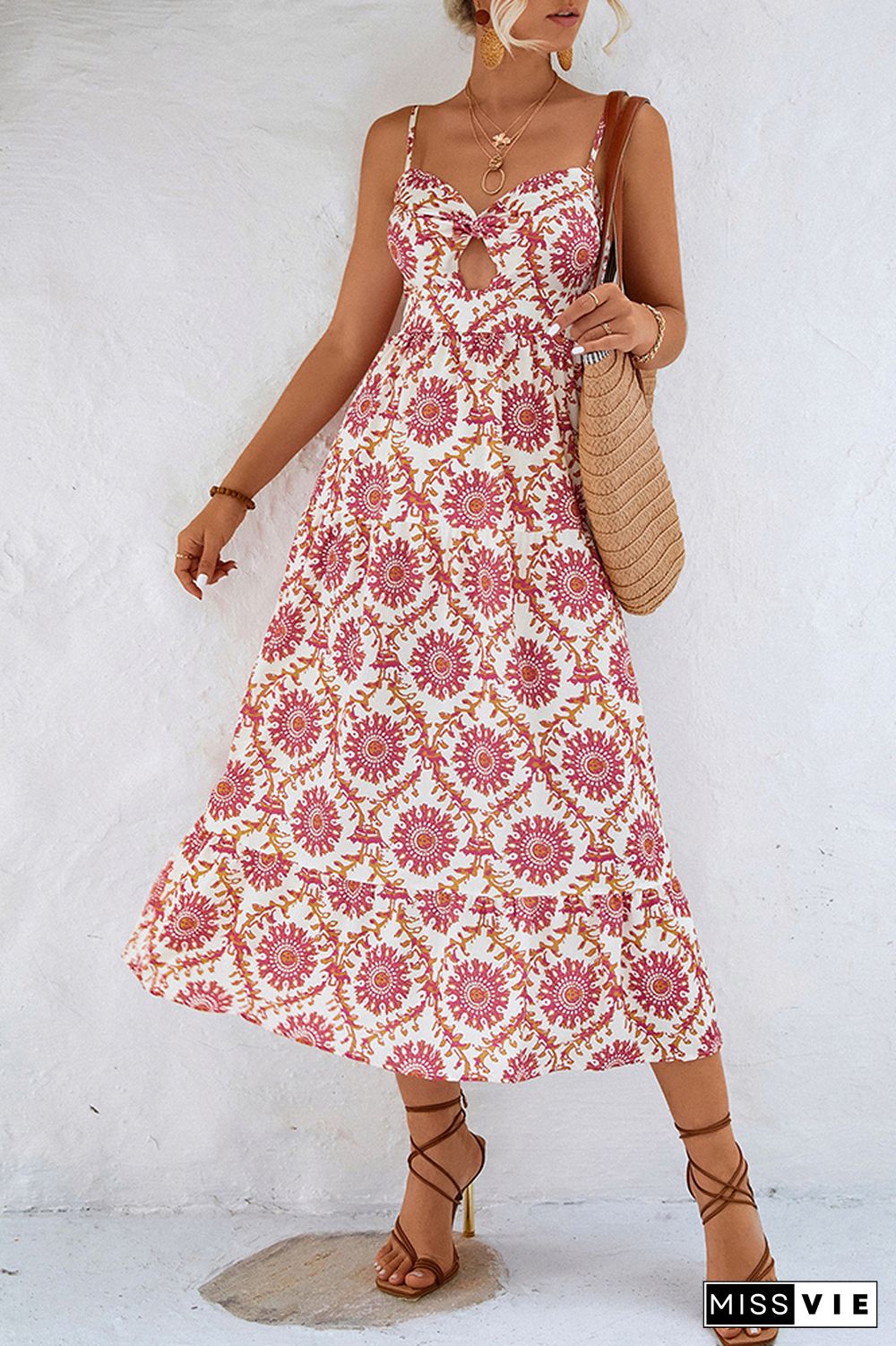 Hollow Out Spaghetti Strap Printed Maxi Dress