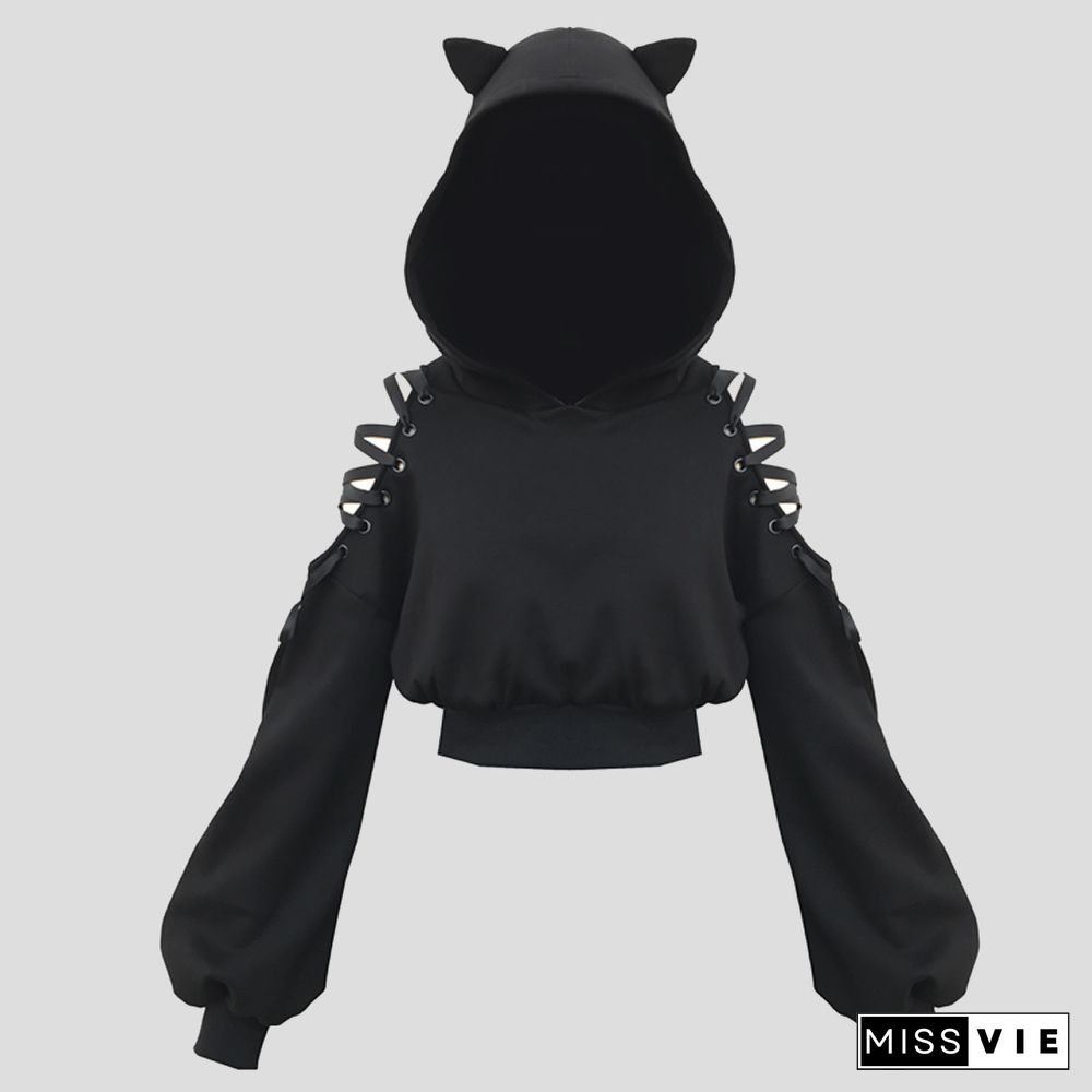 Solid Color Strapless Cat Ear Hoodie